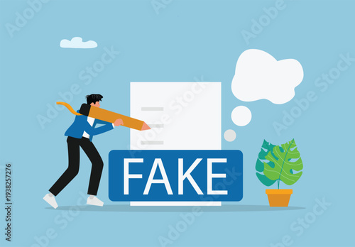 Businessman marking fake information on document with pencil, misinformation detection concept, fraud identification, fake news verification, fact checking process, business investigation