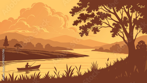 Serene Vector Illustration of a Person Rowing a Boat on a River at Sunset with Trees and Mountains
