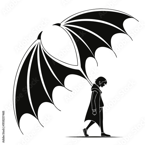 A person walking with large bat wings on their back in a simple black and white illustration style with a dark and moody atmosphere and a sense of freedom and empowerment