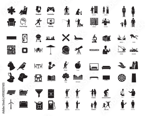 A collection of various black silhouettes and icons on a white background silhouette