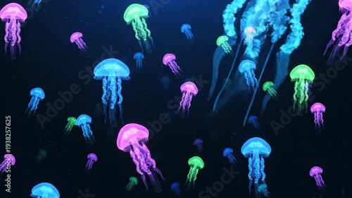 Abstract Underwater Scene Featuring Bioluminescent Jellyfish Floating in the Dark Depths, Surreal
