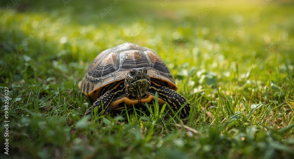 Obraz premium Cheerful pet turtle enjoying a green lawn with plants during warm summer day full length view