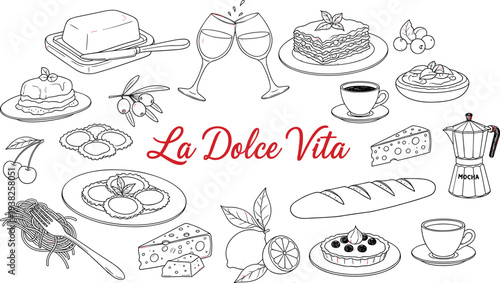 Italian Cuisine Hand Drawn Food Illustration with Pasta Bread Coffee Cheese Wine and La Dolce Vita Lettering Vector Collection