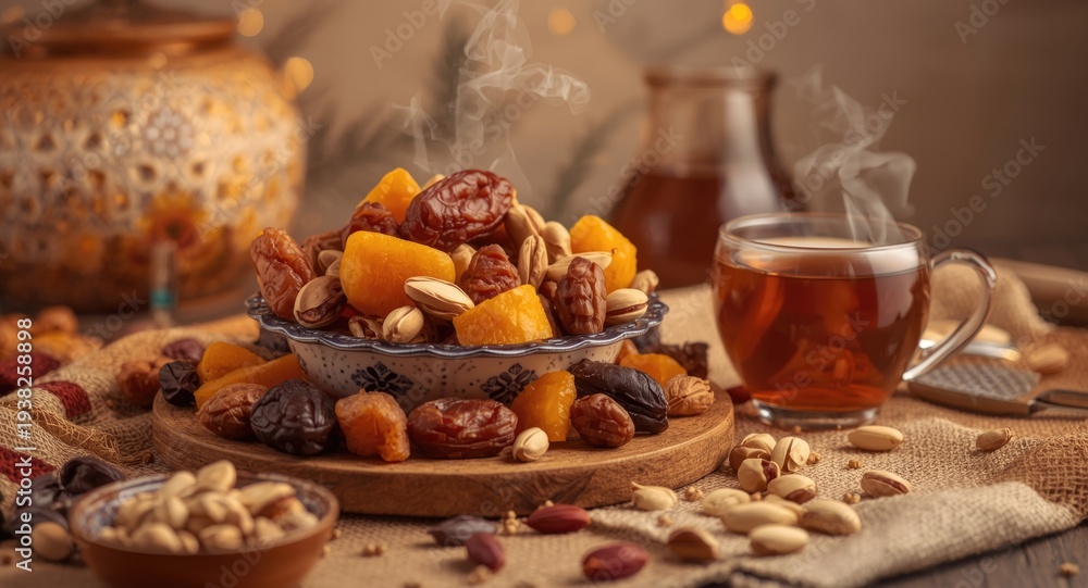 Fototapeta premium Sweet and savory Ramadan snack of mixed nuts and dried fruits complemented by Arabic tea