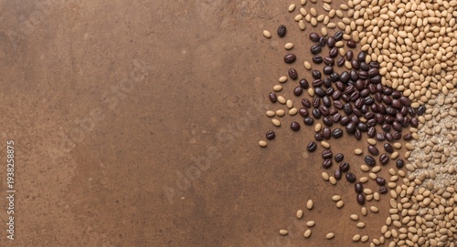 Assorted beans and legumes such as pinto and black varieties spread over a rough textured surface with copy space