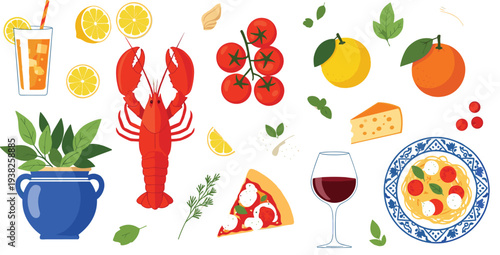 Mediterranean Food Ingredients Set with Lobster Tomatoes Lemon Pizza Wine Cheese and Fresh Herbs Vector Illustration