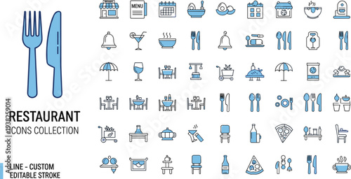 Restaurant Line Icons Collection with Dining Table Menu Food Service Kitchen Equipment and Cafe Editable Vector Set