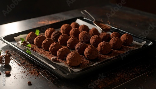 Tray of chocolate truffles dusted with cocoa powder, garnished with fresh mint sprigs on dark surface