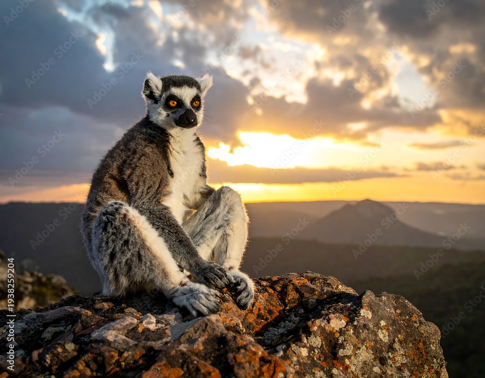 Obraz premium Ring-tailed lemur perched on a rock at sunset, gazing left over a valley landscape
