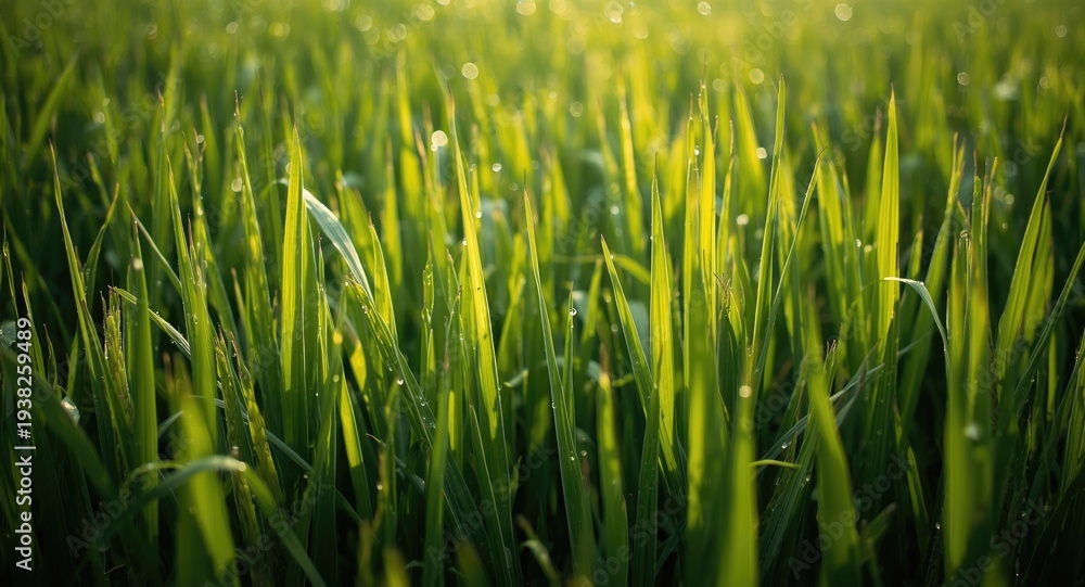 Fototapeta premium Cool morning light illuminates vibrant green rice plants with dew drops
