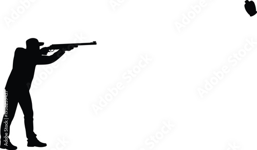 Hunter aiming shotgun shooting flying bird silhouette, hunting sport concept illustration, outdoors marksman activity isolated on white background vector