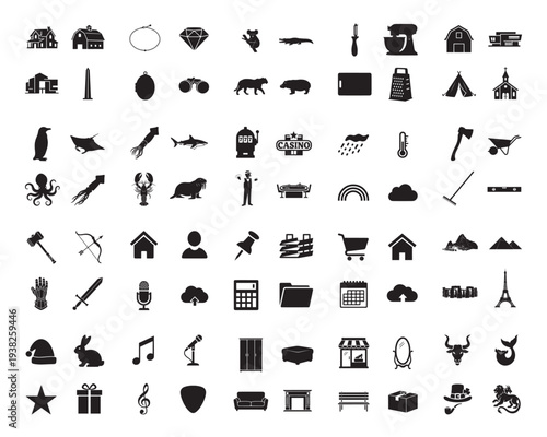 A collection of various black silhouettes of objects and symbols on a white background silhouette