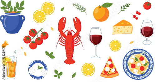 Mediterranean Food Vector Set with Lobster Pizza Wine Cheese Citrus Tomatoes and Fresh Herbs Isolated on White Background