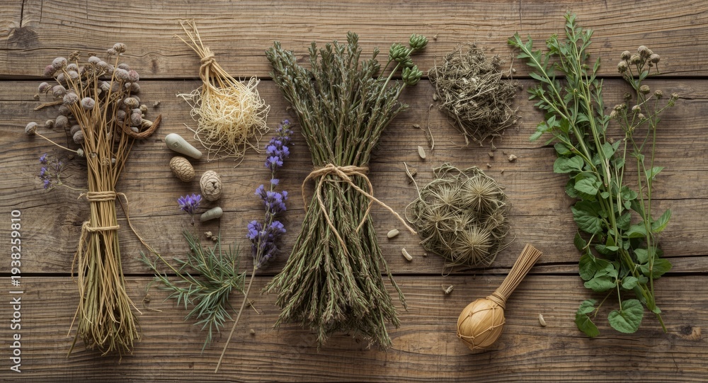 Fototapeta premium Dry meadow herbs laid out on wood background for traditional healing