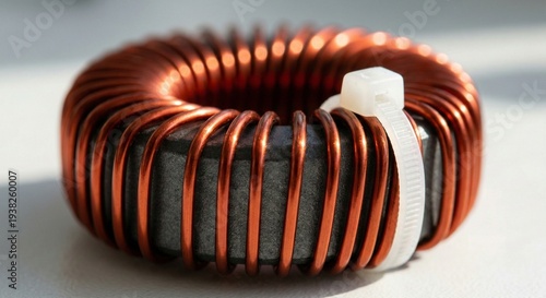Macro Shot of Thick Copper Wire Wound Around Ferrite Toroidal Core Secured with Nylon Cable Tie