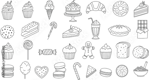 Desserts and Sweets Line Icons Set with Cupcake Donut Ice Cream Chocolate Candy and Bakery Treats Editable Vector Collection