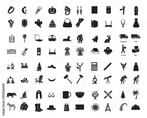A collection of various objects in silhouette mode on a white background
