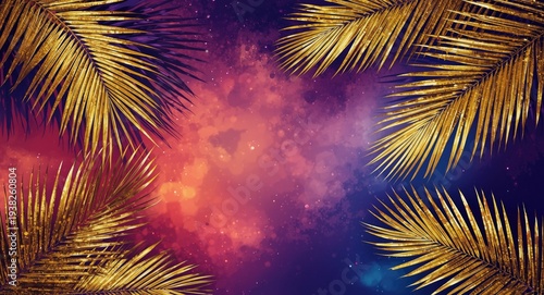 Artistic pop art tropical layout with golden palm leaves highlighted on a dynamic blue to red neon gradient background and copy space © AkuAku