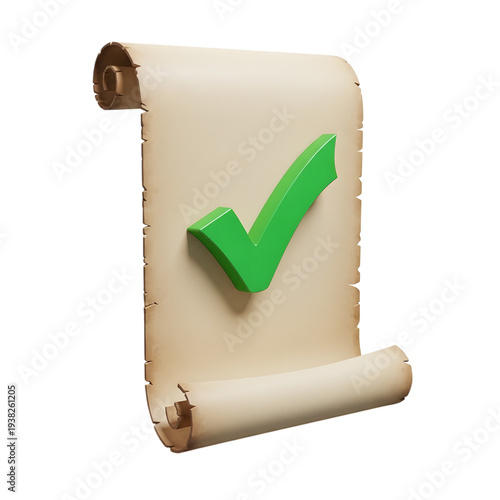 Green checkmark on a rolled parchment isolated on transparent background