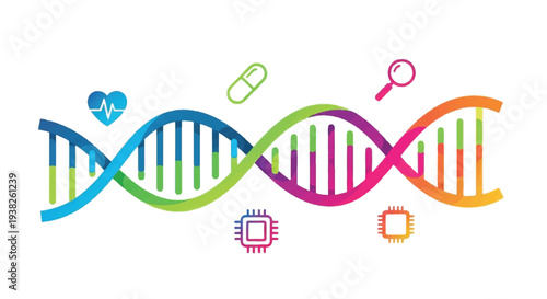 Colorful DNA Helix Structure Surrounded by Medical and Scientific Icons Representing Genetic Research and Discovery