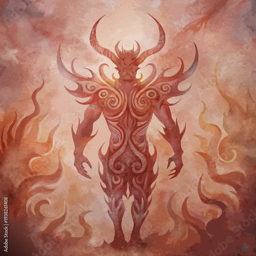 A mythical red demon with horns and flames stands majestically in a fiery hellish environment surrounded by swirling orange and yellow inferno with a glowing aura and spiral patterns.