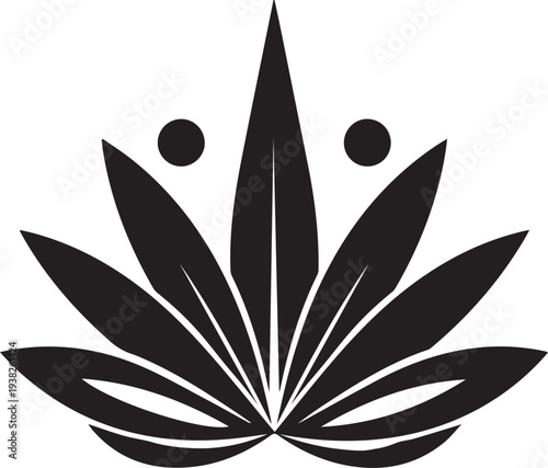 Black silhouette of a stylized cannabis leaf on with two circular eyes