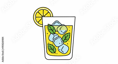 A refreshing glass of lemonade with ice and mint leaves, garnished with a slice of lemon, viewed from the front.