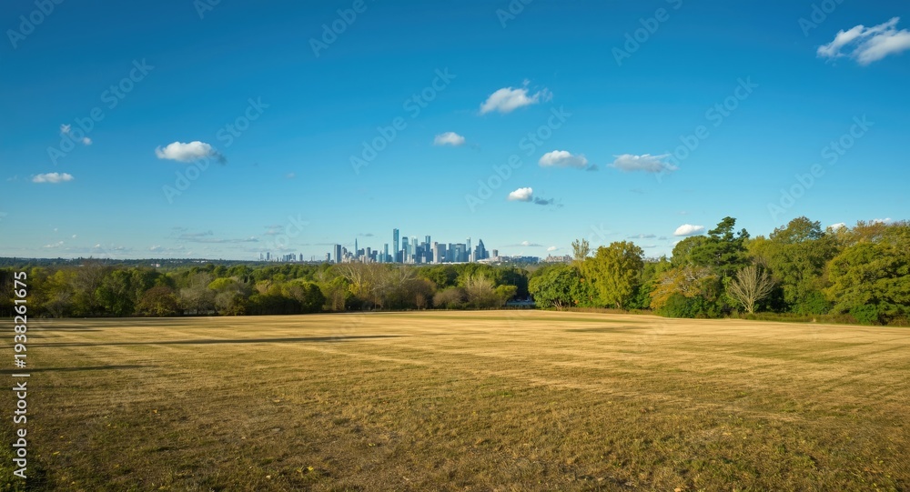 Fototapeta premium Spacious empty square ground with flourishing forest and skyline view