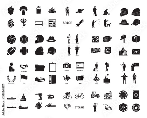 A collection of various black silhouettes against a white background, showcasing everyday objects and activities in silhouette