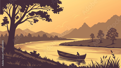  Flat vector illustration of a peaceful river landscape with a man in a boat at sunset