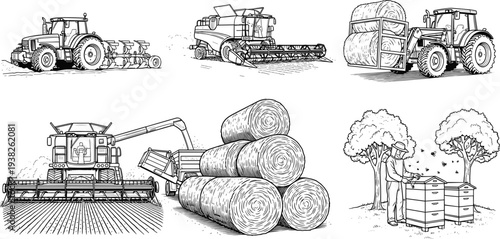 Agricultural machinery harvesting crops with tractor combine hay bales and beekeeper farming black vector illustration isolated collection