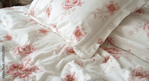 Bed linens with pink flower pattern carefully folded for elegant look