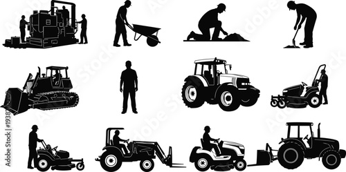 Construction workers and machinery silhouettes with tractor bulldozer lawn mower labor equipment black vector illustration isolated collection
