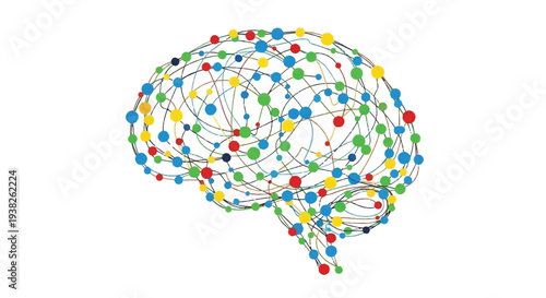 Complex neural network illustration of a human brain with interconnected nodes and vibrant colors viewed from the side