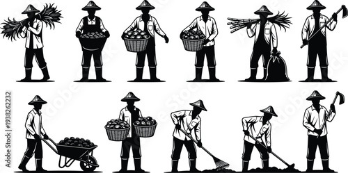 Asian farmers working silhouettes carrying harvest baskets tools and crops rural agriculture black vector illustration isolated collection