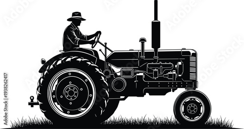 Farmer driving vintage tractor on farmland agriculture machinery black vector illustration rural farming equipment isolated on white