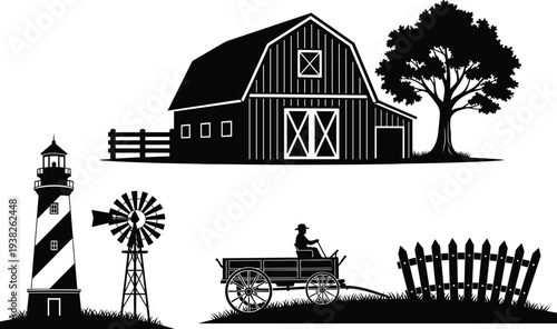 Rural farm buildings silhouettes with barn windmill lighthouse wagon and fence countryside agriculture black vector illustration set