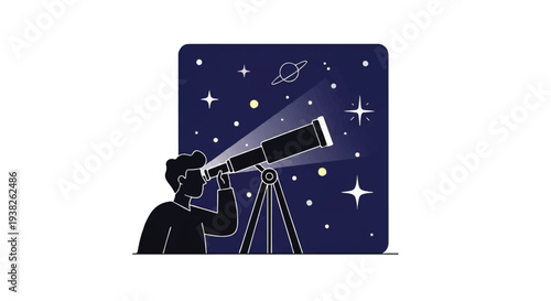 Astronomer observing the night sky with a telescope, gazing at stars and a planet in the celestial environment from a terrestrial viewpoint
