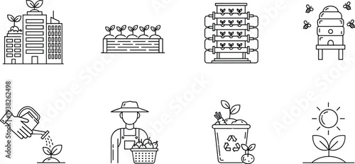 Sustainable agriculture and urban farming line icons with recycling hydroponics beekeeping planting farmer vector illustration set