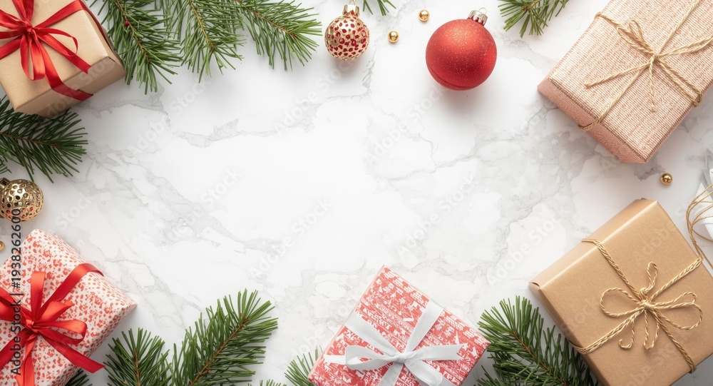 Obraz premium Christmas gift boxes and winter holiday greeting card on white marble surface showcasing festive flat lay composition