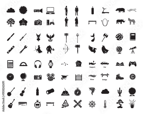 A collection of various objects and tools in silhouette mode