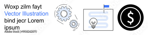 Business strategy, process planning, innovation, decision-making, financial management, creativity. Gears, lightbulb map with a flag and dollar sign. Strategy and process planning concept