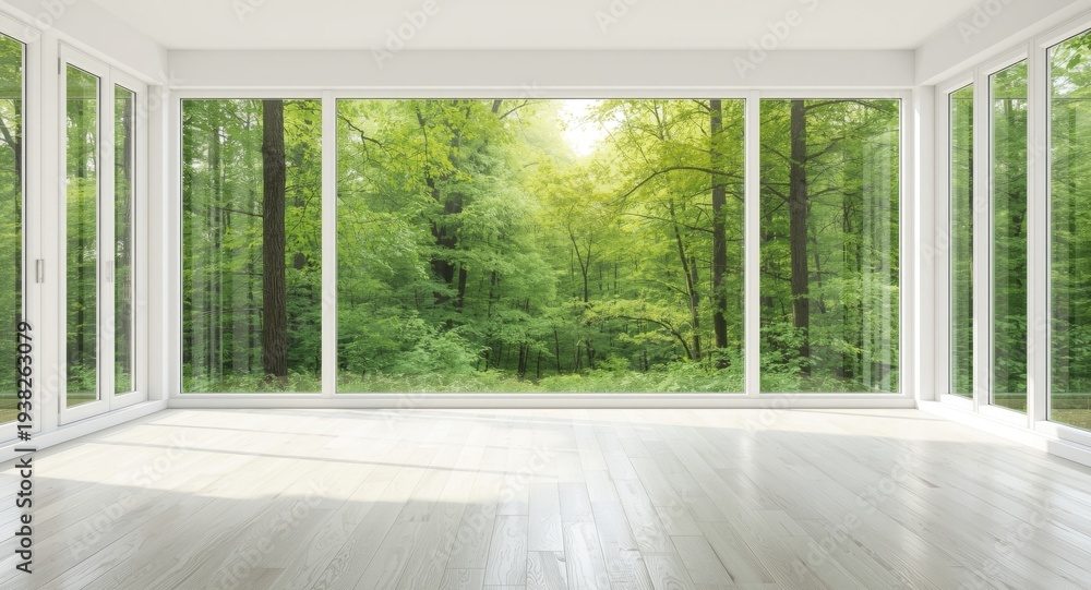 Fototapeta premium Bright empty room with green scenery visible through large windows as interior design background for Earth Day