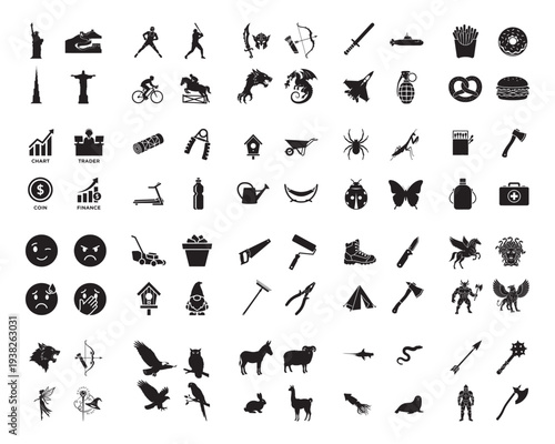 A collection of various black silhouettes on a white background, showcasing objects and animals in silhouette mode