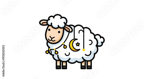 A cartoon sheep with a crescent moon on its wool standing in a serene environment viewed from the side