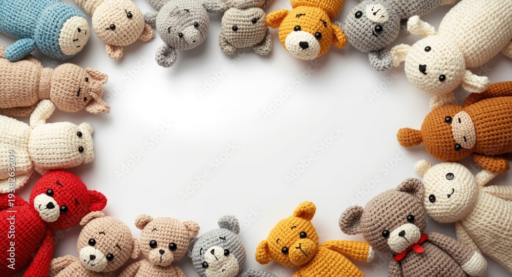 Obraz premium Creative assortment of knitted dolls and crocheted animals in flat lay with copy space