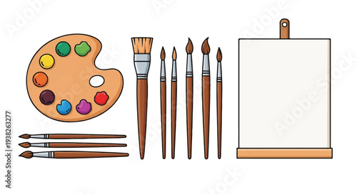 Artist's palette and brushes arranged beside a blank canvas awaiting creative expression in a studio setting from a straightforward viewpoint.