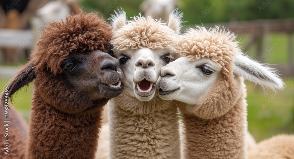 Obraz premium Cheerful furry llama kids enjoying playful affection outside
