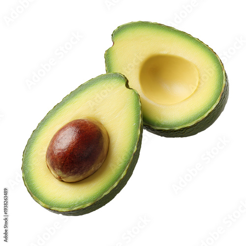 Avocado halves isolated for healthy food ads, recipes, and nutrition slides.