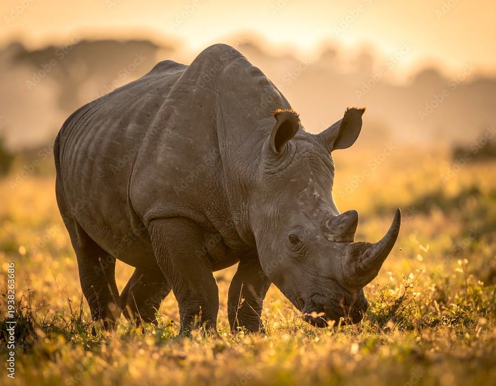 Fototapeta premium Rhino grazes in golden light, savanna background, majestic and powerful creature